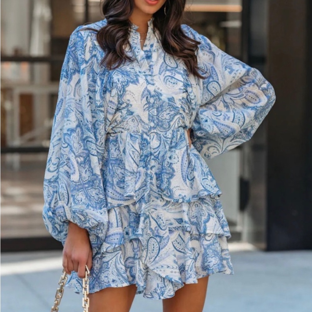 Fate blue and white paisley ruffle dress, size small